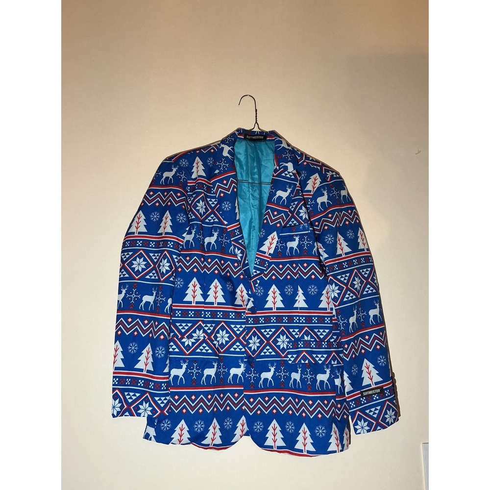 SUITMEISTER Blue Reindeer Christmas Blazer‎ Jacket Men's L Holiday Party Festive